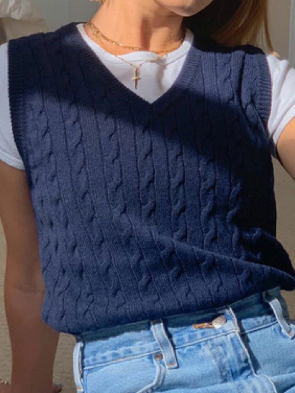 Altar'd State Navy Cable-Knit V-Neck Sweater Vest